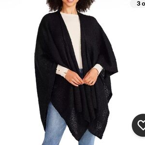 Steve Madden Women’s Open Front Solid Boucle Lurex Cape, Black, One Size NWT